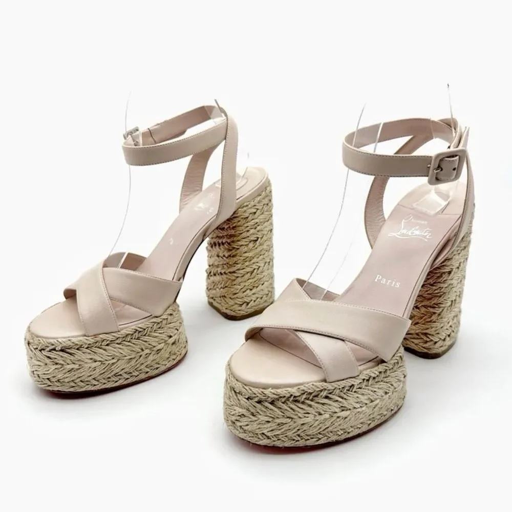 CHRISTIAN LOUBOUTIN Super Mariza Platform Espadrille Block Heels Size 40 Beige